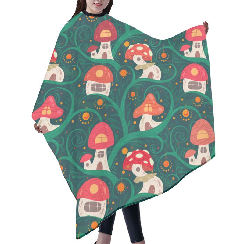 Personality  Seamless Pattern With Cartoon Fairy Tale Porcini House On A Liana With Lanterns For Fairies And Gnomes On Green Background. A Fabulous Home For Little Creatures. Vector Flat Boho Texture For Wallpaper Hair Cutting Cape