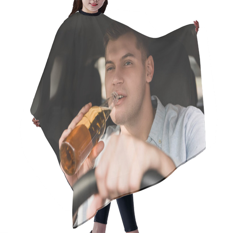 Personality  Young Man Drinking Whiskey While Driving Car On Blurred Foreground Hair Cutting Cape