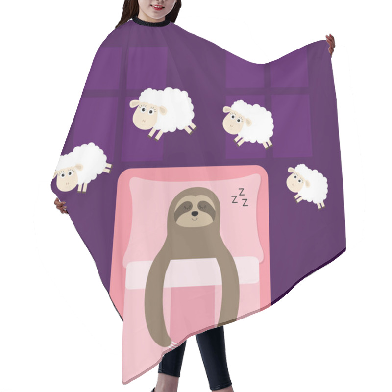 Personality  Cute Sloth Sleeping Sign Zzz. Jumping Sheeps. Cant Sleep Going To Bed Concept. Counting Sheep. Hands On Blanket Pillow. Animal Set. Baby Collection. Two Windows. Flat Design. Violet Background. Vector Hair Cutting Cape