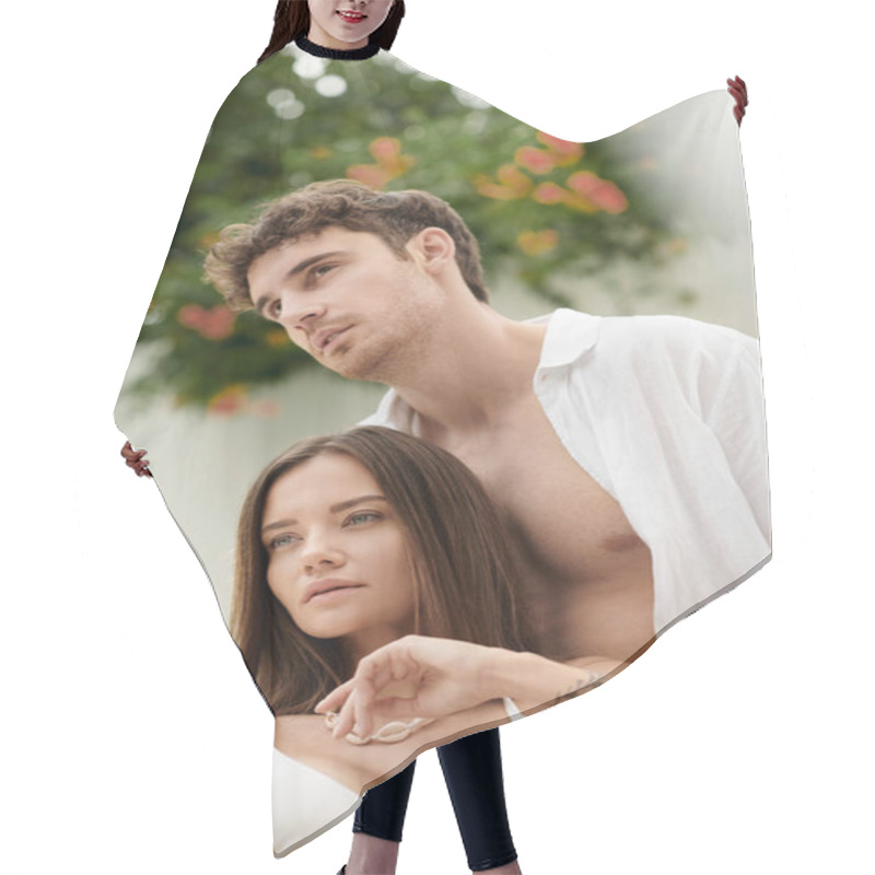 Personality  Thoughtful Woman Looking Away And Sitting Next To Dreamy Boyfriend During Summer Vacation, Serenity Hair Cutting Cape