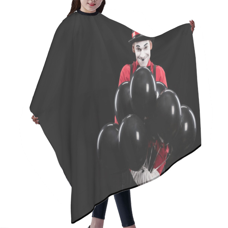 Personality  Grimacing Mime With Bundle Of Helium Balloons Isolated On Black Hair Cutting Cape