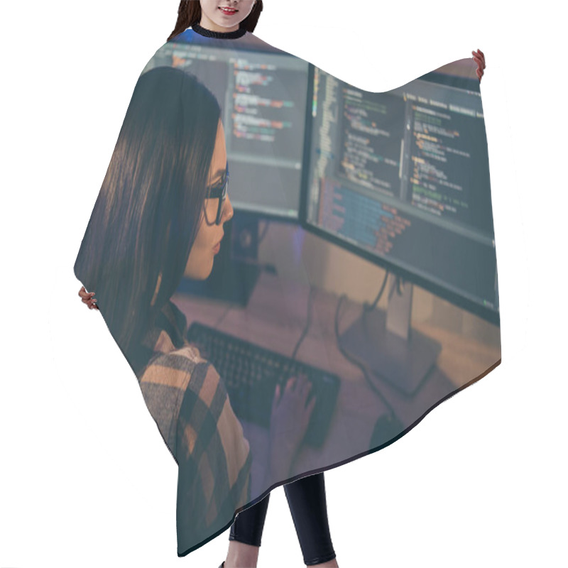 Personality  Photo Of Serious Confident Focused Girl Concentrated On Hacking The Security Code Of Her Opponents In Spectacles Using Java Script Hair Cutting Cape