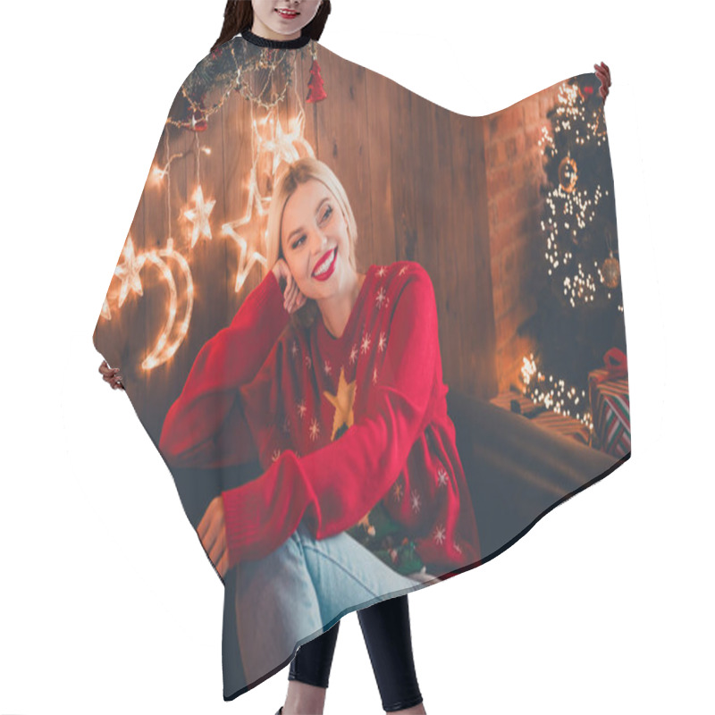 Personality  Photo Of Pretty Young Blonde Female Wondered Sit Sofa Relax Dressed Christmas Sweater Tradition Atmosphere Decor House Indoors Room. Hair Cutting Cape