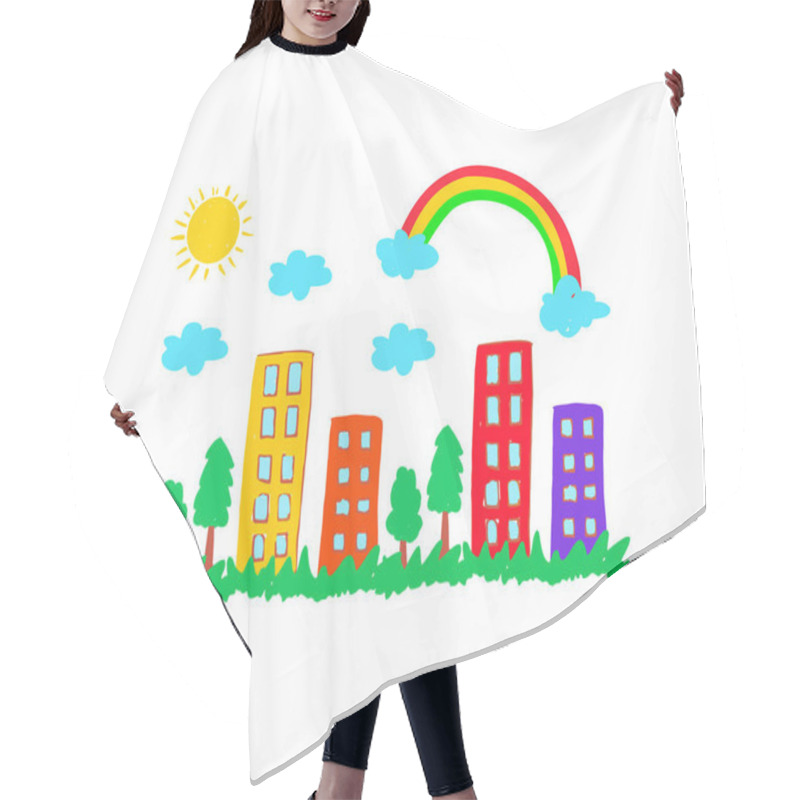 Personality  Cute Hand Drawing By Kid About Building In City Hair Cutting Cape