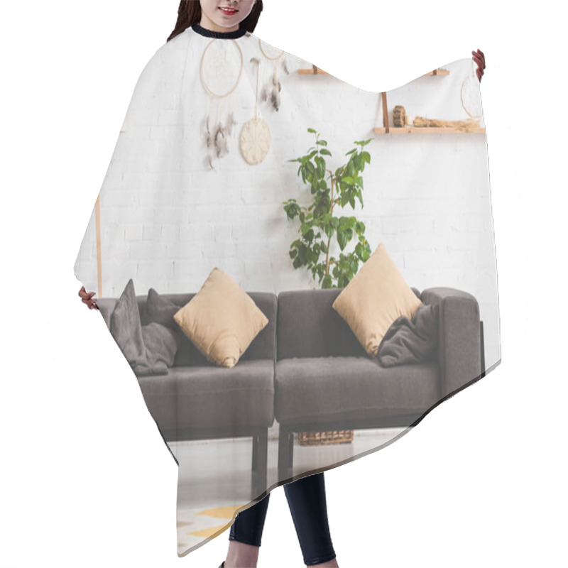 Personality  Interior Of Cozy Living Room With Sofa, Plant And Dream Catchers On Brick Wall Hair Cutting Cape