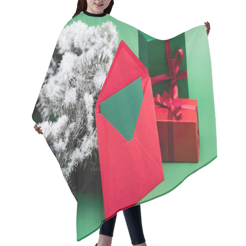 Personality  Red Envelope With Card Near Gift Boxes And Fir Branch With Decorative Snow On Green Hair Cutting Cape