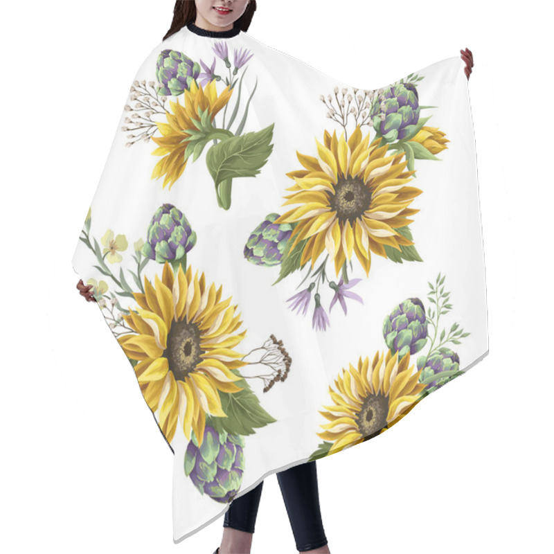 Personality  Sunflowers Bouquet With Wild Flower And Artichoke Isolated. Hair Cutting Cape