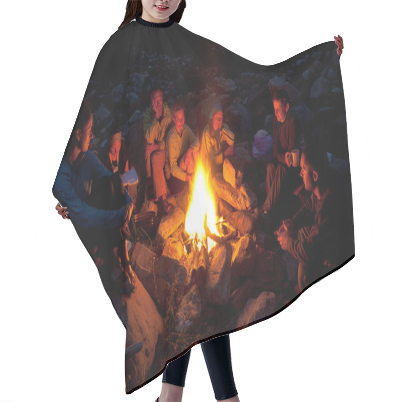 Personality  Near Campfire In Forest. Hair Cutting Cape