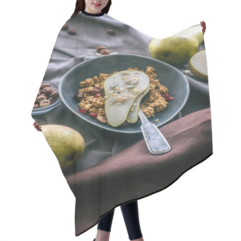 Personality  Overhead View Of Bowl With Granola And Pear On Table Hair Cutting Cape