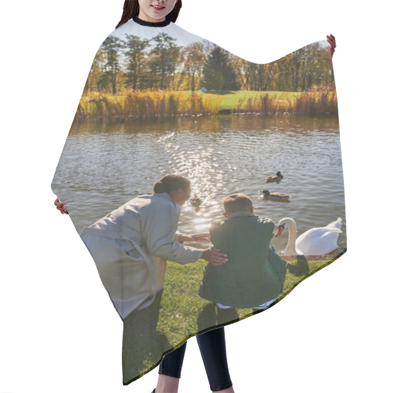 Personality  Back View Of African American Woman And Boy Looking At Lake With Ducks And Swans, Childhood, Joy Hair Cutting Cape