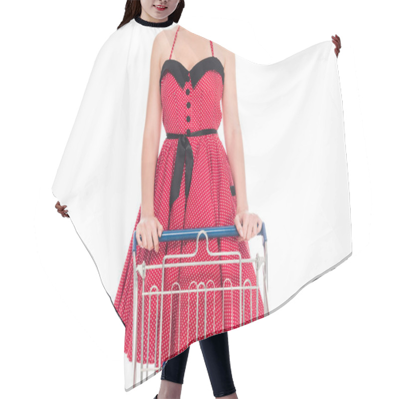 Personality  Cropped Image Of Woman In Pin Up Dress Standing With Shopping Cart Isolated On White  Hair Cutting Cape