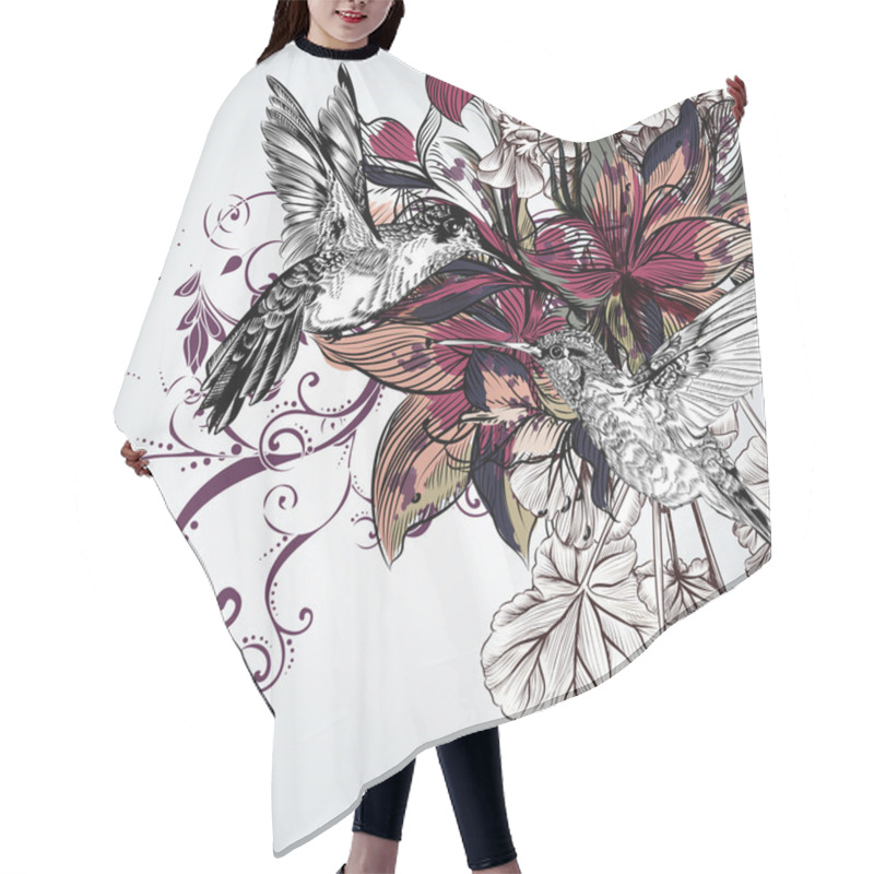 Personality  Vector Background With Lily Flowers And Birds In Engraved Style Hair Cutting Cape