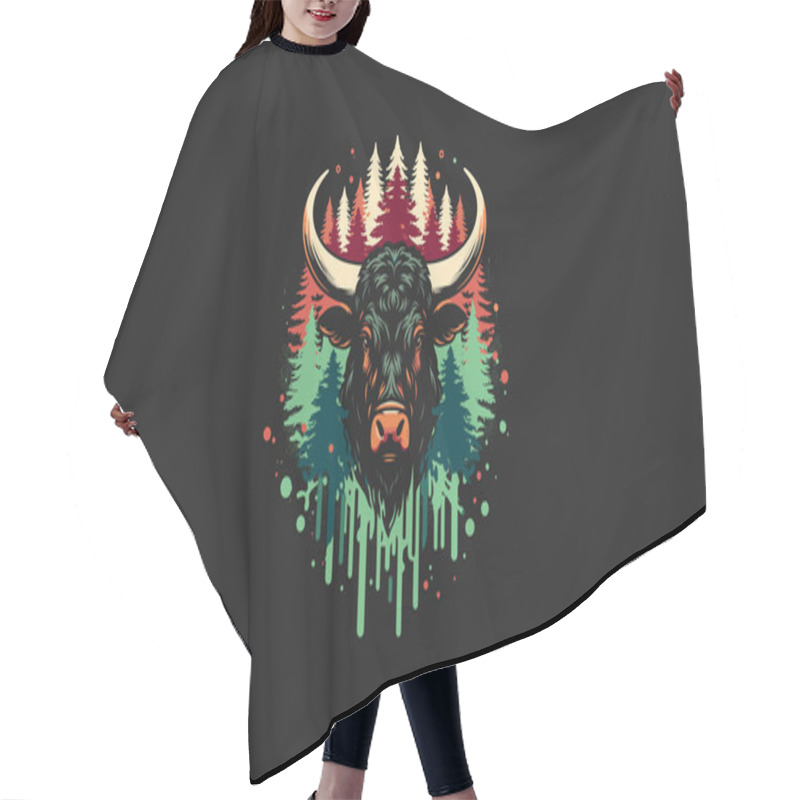 Personality  Head Cow Long Horn On Forest Vector Artwork Design Hair Cutting Cape