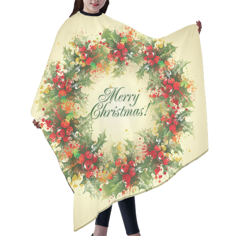 Personality  Christmas Card. The Holly Wreath On A Beige Background. Vector I Hair Cutting Cape