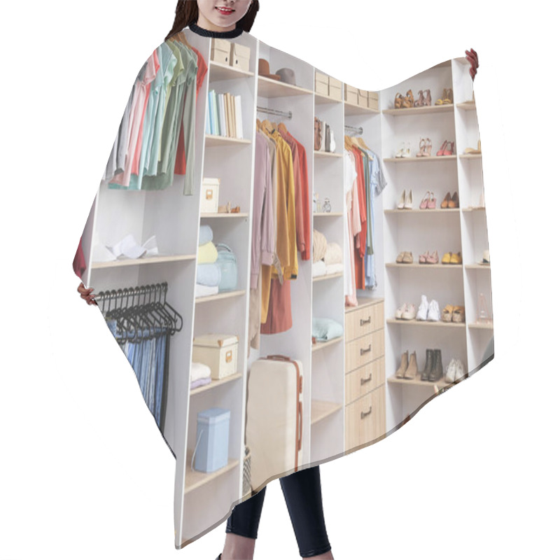 Personality  Big Wardrobe With Different Clothes And Accessories In Dressing Room Hair Cutting Cape