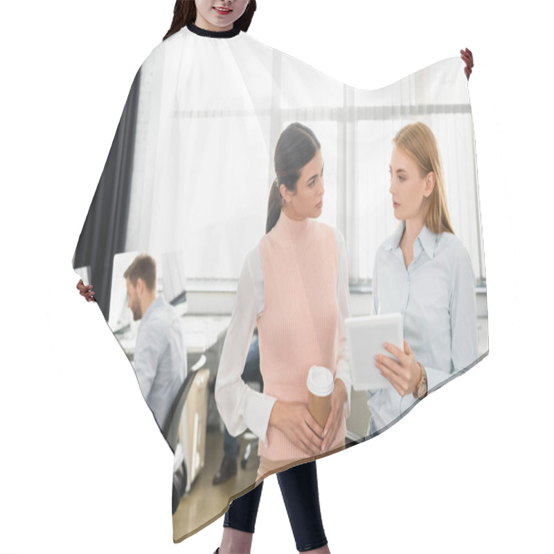 Personality  Businesswoman With Digital Tablet And Coffee To Go Looking At Each Other In Office  Hair Cutting Cape