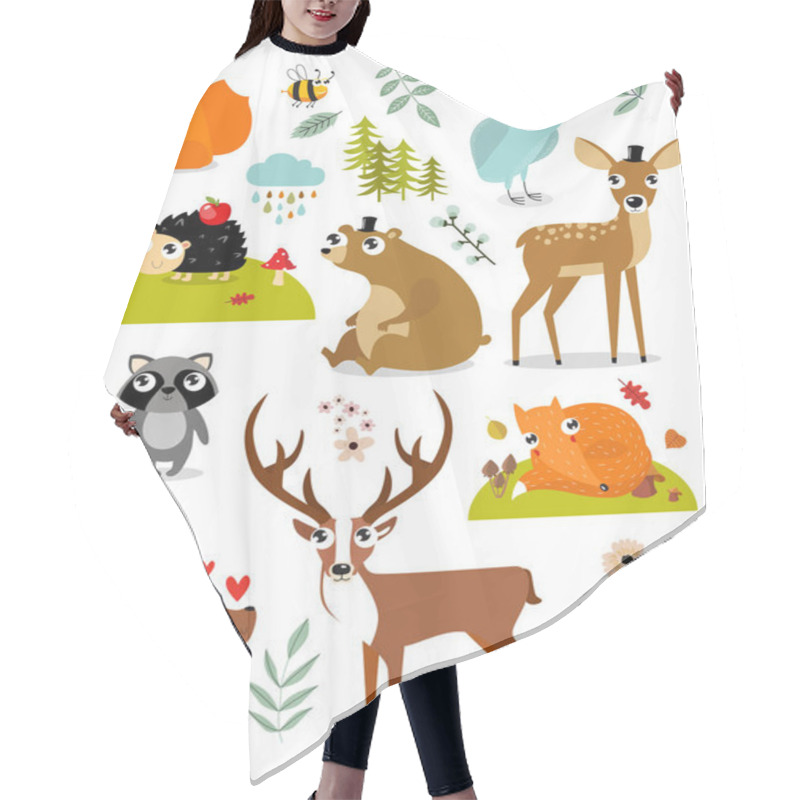 Personality  Print. Vector Forest Animals Collection Including Deer, Bear, Squirrel, Fox, Hedgehog, Fawn, Hare, Raccoon, Mouse, Owl, Bee. Autumn Forest. Cartoon Animals. Cartoon Characters. Hair Cutting Cape