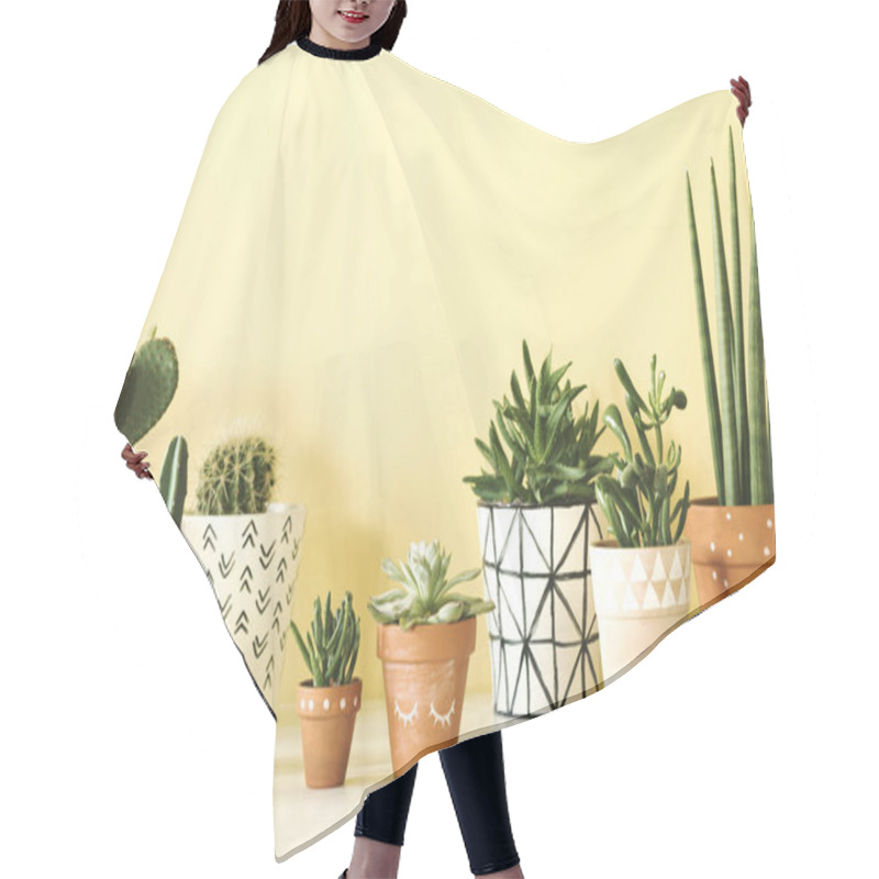 Personality  Green Succulents In Hand Painted Pots On Pastel Background Hair Cutting Cape