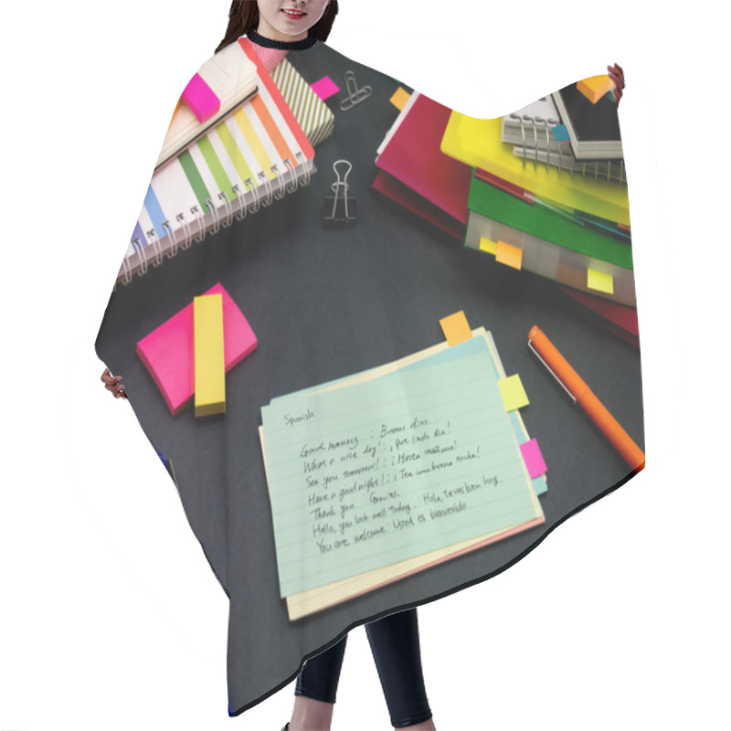 Personality  Learning New Language Writing Words Many Times On The Notebook;  Hair Cutting Cape