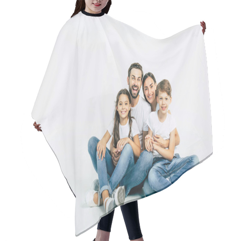 Personality  Group Portrait Of Young Caucasian Family With Son And Daughter On White Background Hair Cutting Cape