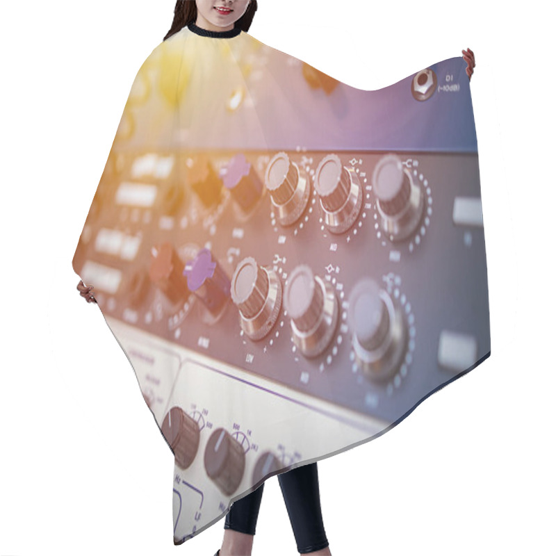 Personality  Recording Room,Compression Room, Music On Sound Mixer In Recording Studio.Close Up Shot Of Audio Producer Working In Music Recording Studio, Uses Mixing Board Create Modern Song. Sound Recording Room. Hair Cutting Cape