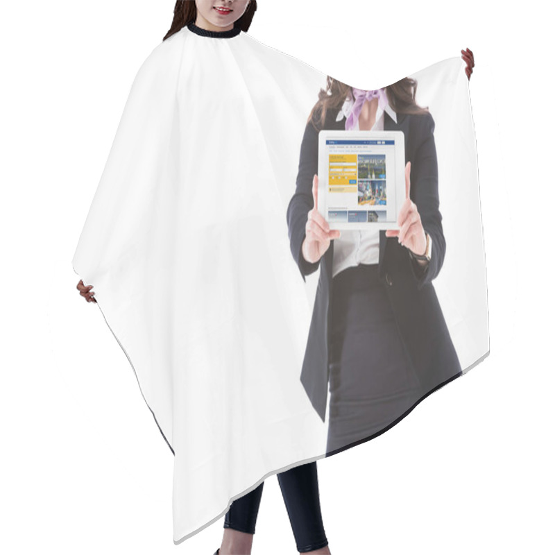 Personality  Cropped Image Of Stewardess Holding Tablet With Booking Website Isolated On White Hair Cutting Cape