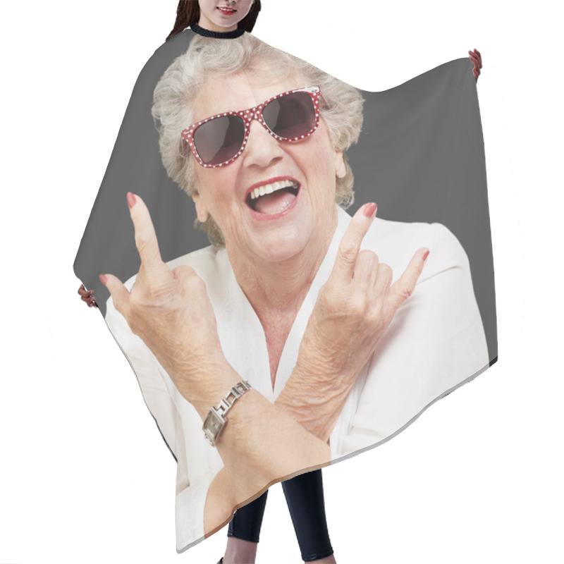 Personality  Senior Woman Wearing Sunglasses Doing Funky Action Hair Cutting Cape