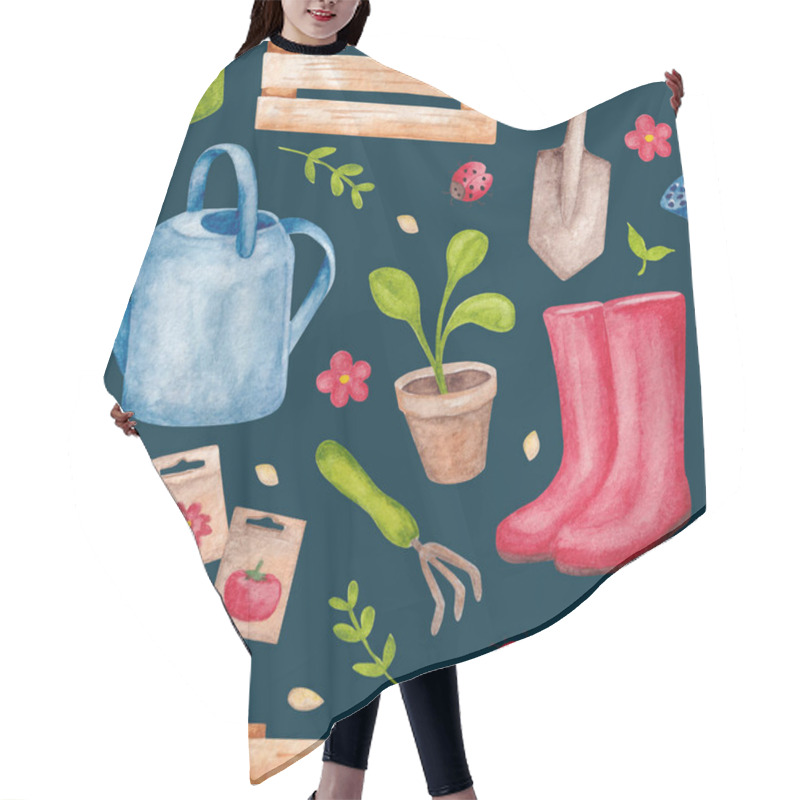 Personality  Seamless Pattern On A Dark Background. Seamless Background With Garden Tools. Image In Watercolor Technique For Decoration On The Theme Of The Garden And Vegetable Garden. Bucket, Watering Can, Shovel, Rake, Plants, Seeds. Hair Cutting Cape