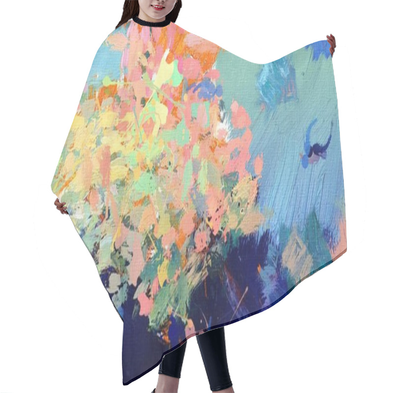 Personality  Abstract Psychedelic Grunge Background Graphic Stylization On A Textured Canvas Of Chaotic Blurry Strokes And Strokes Of Paint. Hair Cutting Cape