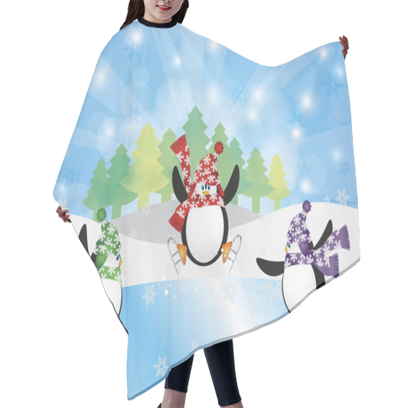 Personality  Three Penguins Ice Skating In Winter Scene Illustration Hair Cutting Cape