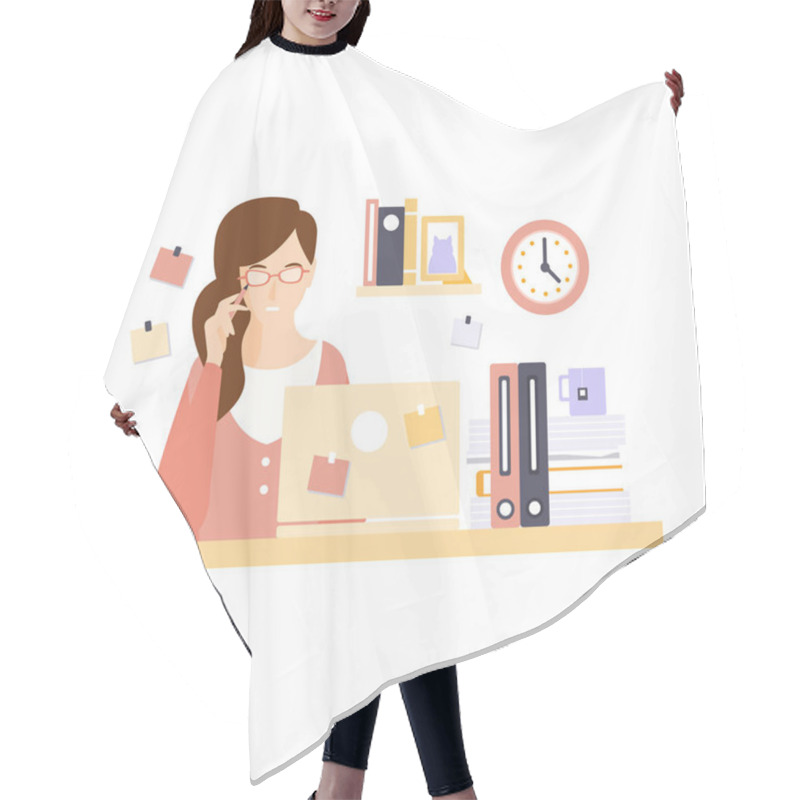 Personality  Thinking Woman Office Worker In Office Cubicle Having Her Daily Routine Situation Cartoon Character Hair Cutting Cape