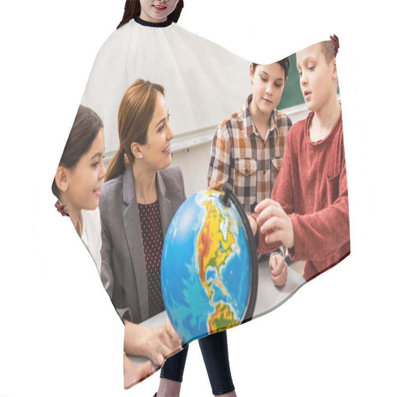 Personality  Teacher And Pupils Looking At Globe While Studying Geography In Classroom Hair Cutting Cape