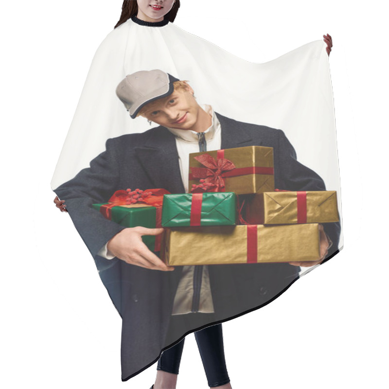 Personality  Celebrating The Joy Of Christmas In 2025, A Fashionable Man Showcases His Holiday Spirit While Carrying Beautifully Wrapped Presents. Hair Cutting Cape