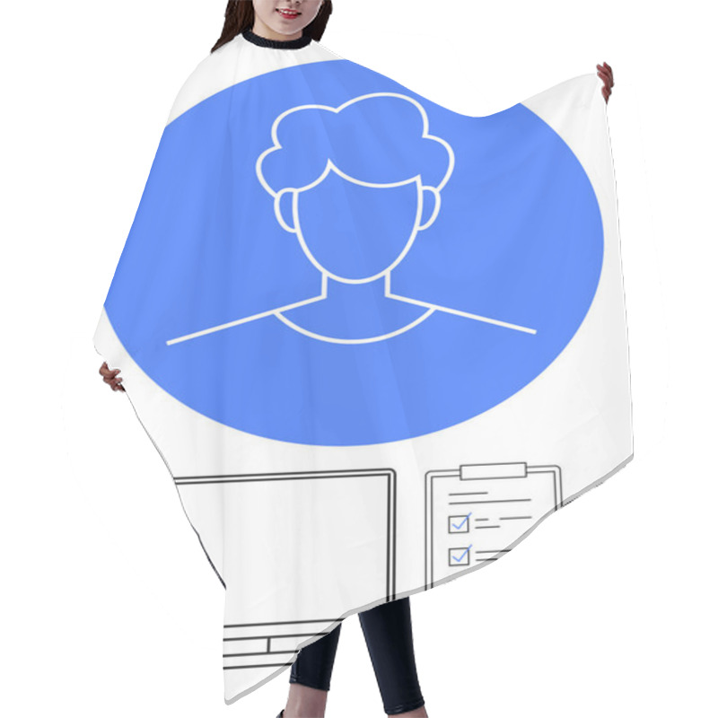 Personality  Stylized Human Profile Inside Blue Circle With Computer Monitor, Checklist, And Gear Below. Ideal For User Profiles, Account Settings, Productivity Apps, Project Management, Business Strategy, Online Hair Cutting Cape