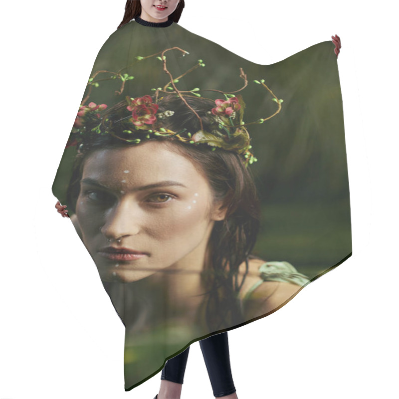 Personality  A Woman Poses In A Natural Setting, Wearing A Floral Crown. Hair Cutting Cape