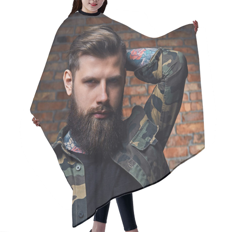 Personality  Tattooed Bearded Male In Military Jacket. Hair Cutting Cape