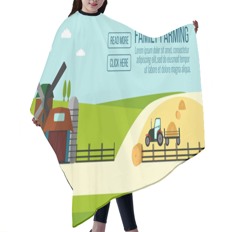 Personality  Famaly Farming Banner. Agriculture Farming And Rural Landscape Background. Elements For Info Graphic, Websites.Retro Style Banner. Vector Illustration Hair Cutting Cape