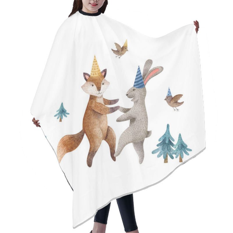 Personality  Watercolor Illustration With Dancing Fox And Rabbit In Birthday Caps And Birds. Animal Characters. Childish Style, Hand Drawn Clipart, Birthday And Baby Shower Celebration Concept. Hair Cutting Cape