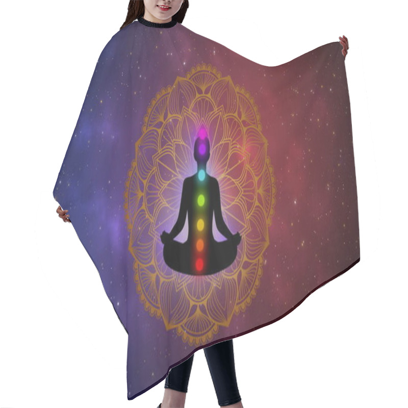 Personality  Abstract Silhouette Meditation Man And Seven Chakra On Gold Mandala In The Beautiful Of The Universe. Hair Cutting Cape