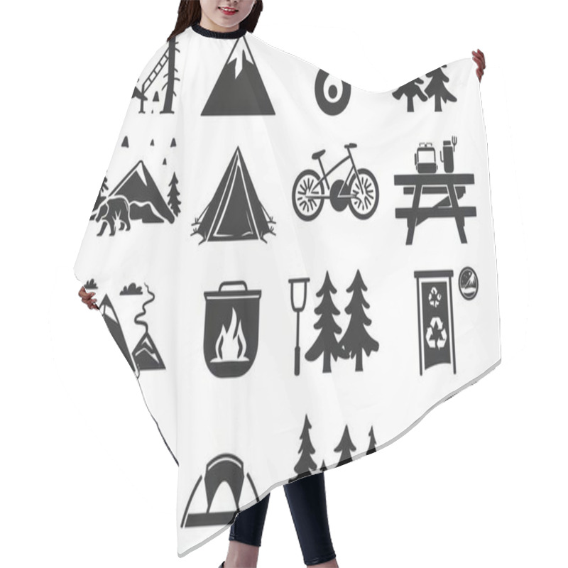 Personality  A Vibrant Collection Of Camping-themed Icons Showcasing Outdoor Adventures And Nature Motifs. Hair Cutting Cape