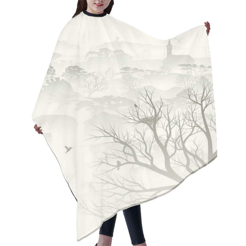 Personality  Illustration Of Misty Valley With Nest In Tree. Hair Cutting Cape