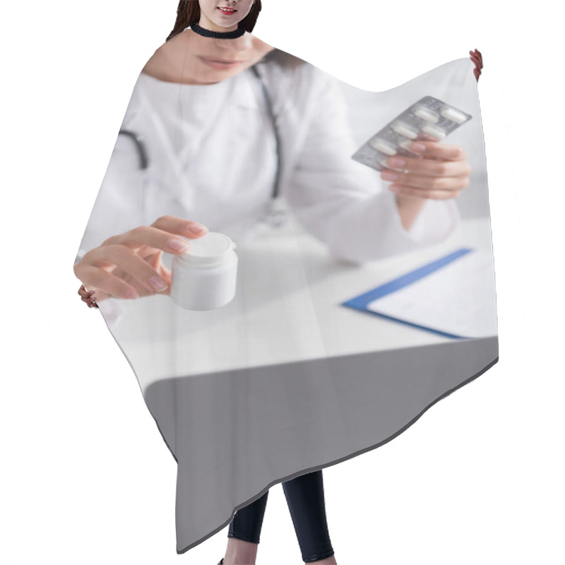 Personality  Cropped View Of Doctor Holding Pills During Online Consultation On Laptop In Hospital  Hair Cutting Cape