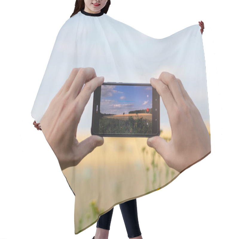 Personality  Holding Smart Phone With Two Hands Horizontally And Taking Photos Of Summer Wheat And Flowers Field Summer Sunny Nature Landscape With Blurred Background Hair Cutting Cape