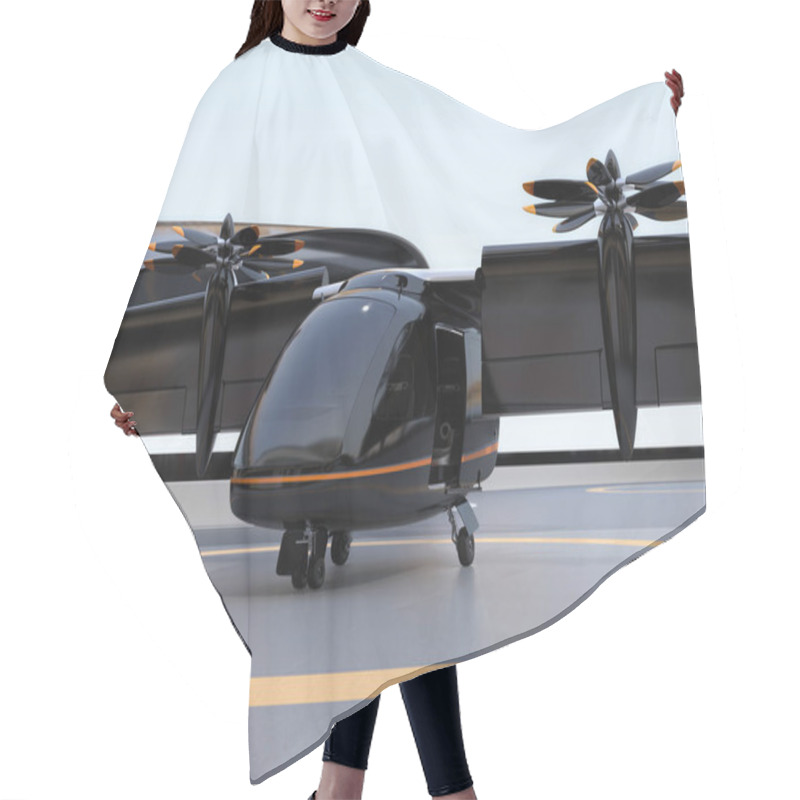 Personality  E-VTOL Passenger Aircraft Waiting For Takeoff From Airport. Solar Panel Mounted On The Wings. Urban Passenger Mobility Concept. 3D Rendering Image. Hair Cutting Cape