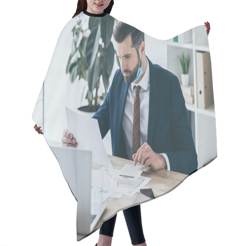 Personality  Serious, Thoughtful Businessman Working With Documents While Sitting At Workplace Near Laptop Hair Cutting Cape