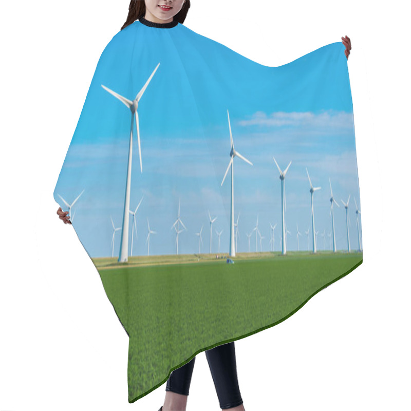 Personality  Wind Turbines Gracefully Turn In The Breeze, Harnessing Green Energy Amidst Lush Fields In The Netherlands Under A Vibrant Blue Sky. Hair Cutting Cape