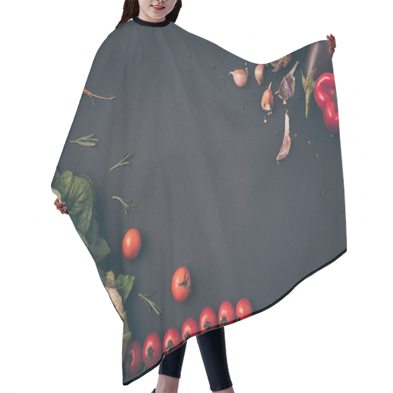 Personality  Top View Of Raw Vegetables On Gray Table Hair Cutting Cape