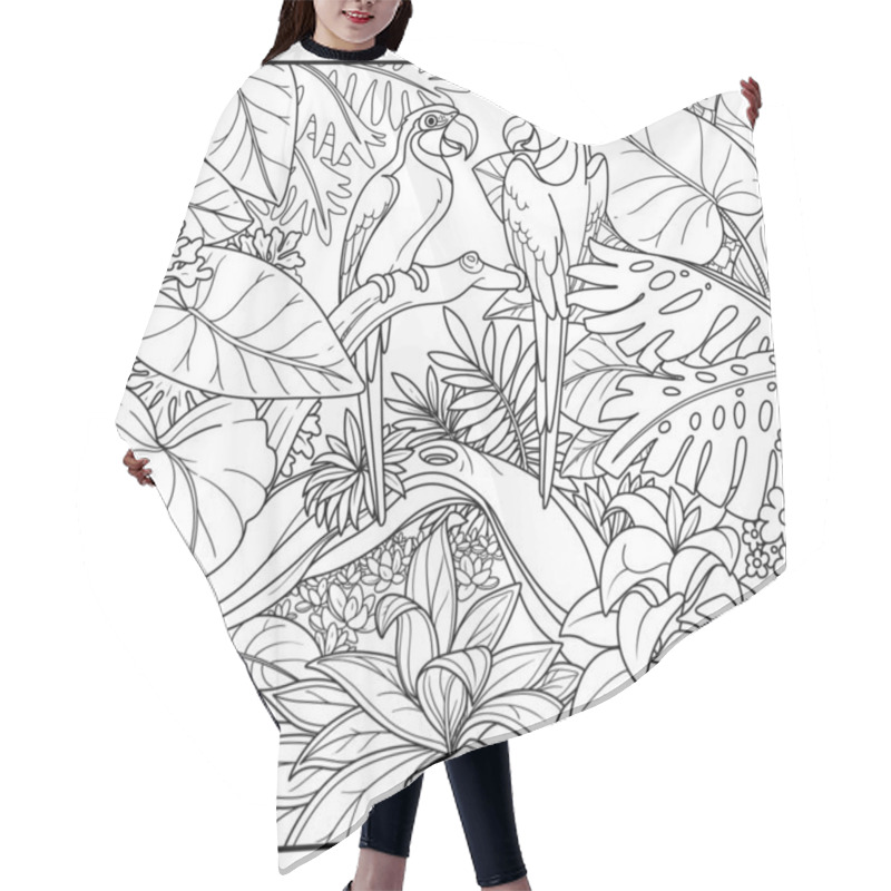 Personality  Wild Jungle With Two Parrots Of Macaw Sit On Branch Over  Forest Lake Black Contour Line Drawing For Coloring On A White Background Hair Cutting Cape