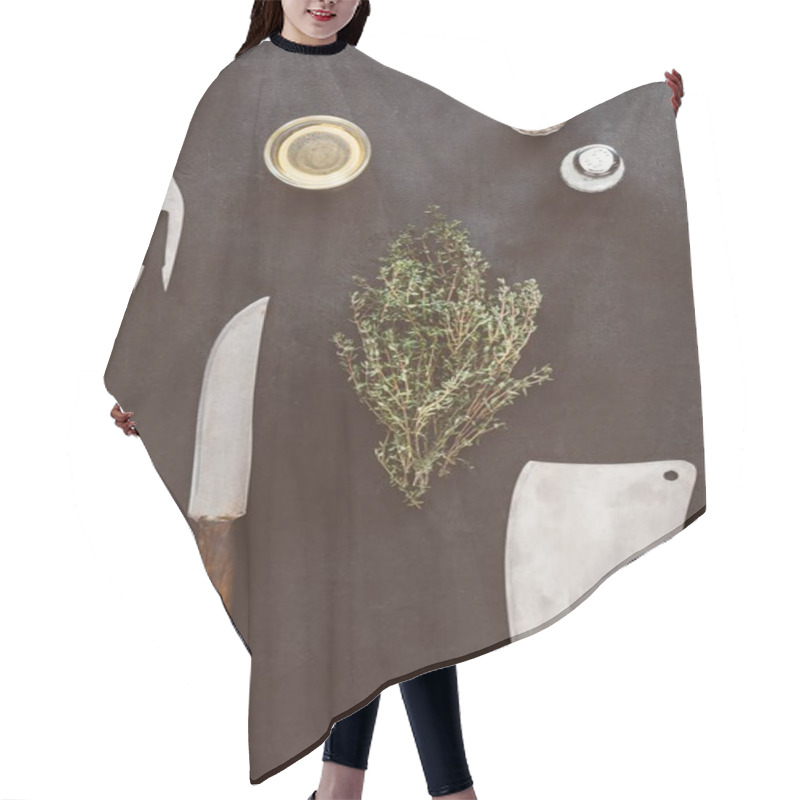 Personality  Top View Of Composition Of Spices And Cutlery Hair Cutting Cape