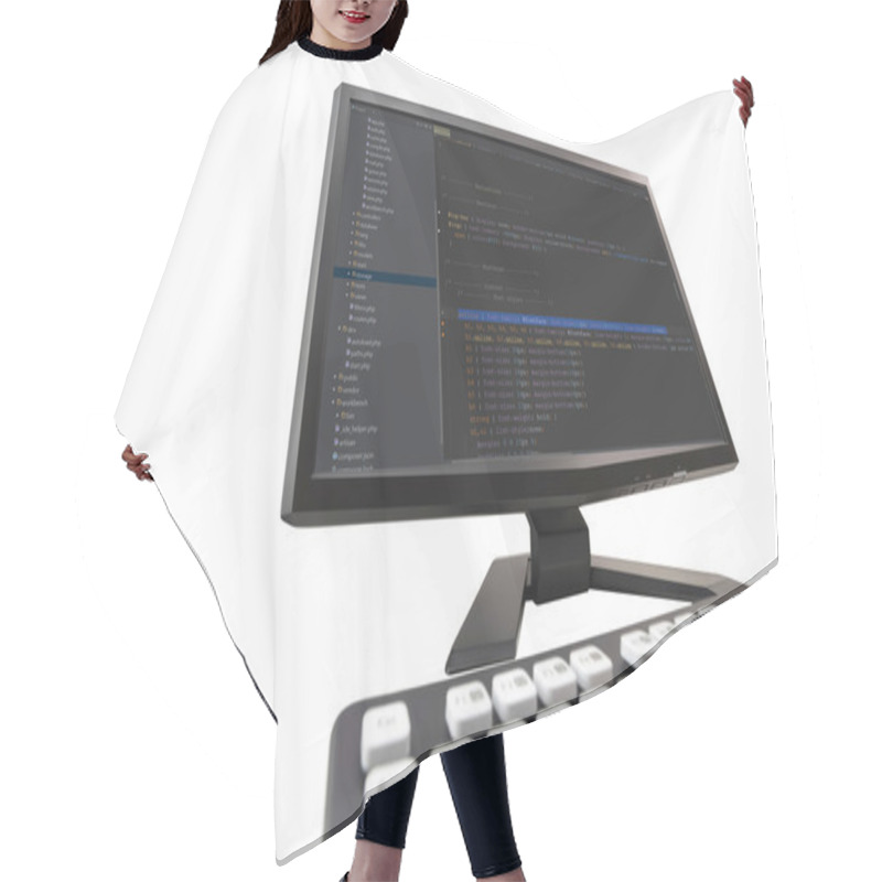 Personality  Developer Working On Web Site Codes On Computer Monitor Hair Cutting Cape